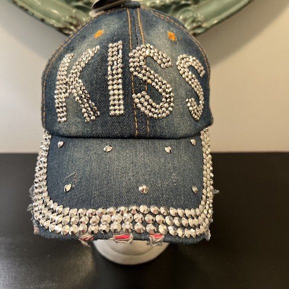 True Gear Denim Distressed KISS Band Bling Baseball Hat Cap New - Picture 1 of 16